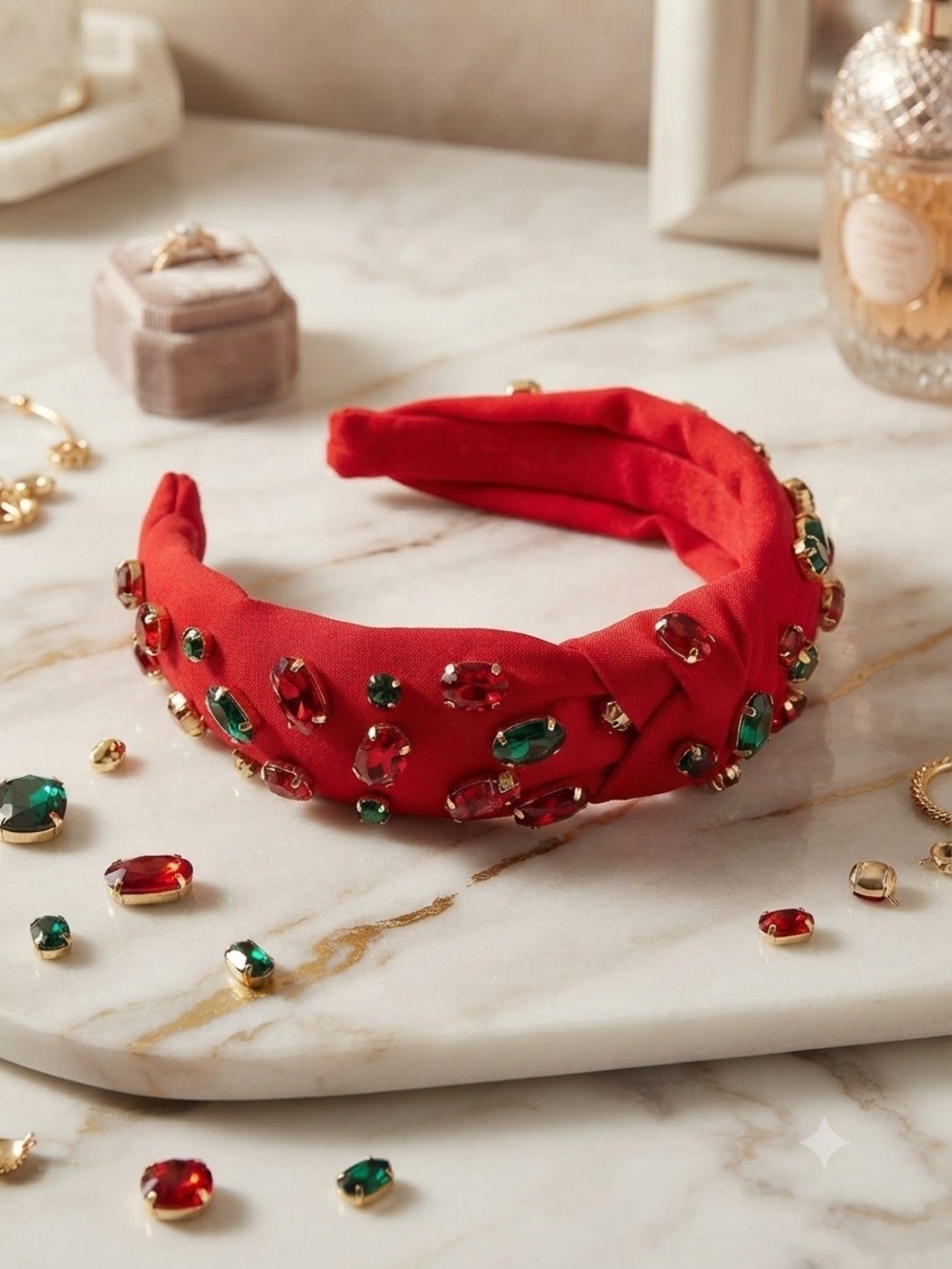 Embellished Red Knot Headband with Green & Red Gem Accents